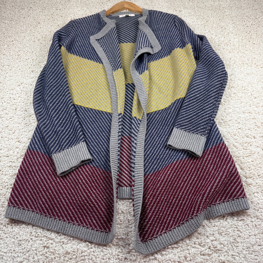 Cabi Cardigan Women XS Navy Yellow Burgundy Excellent Colorblock Cotton Knit 467